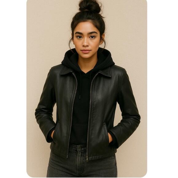 Y2K 90s Minimalist Black Butter Soft Leather Belted Zip Up Jacket Medium - Picture 2 of 10